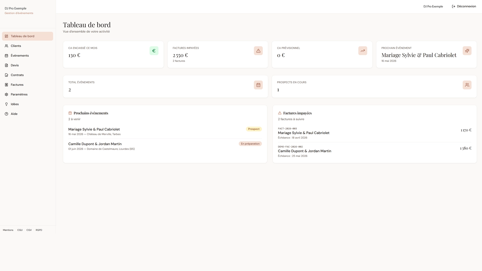 Tableau de bord DJ Ls Events avec liste des mariages, devis et factures