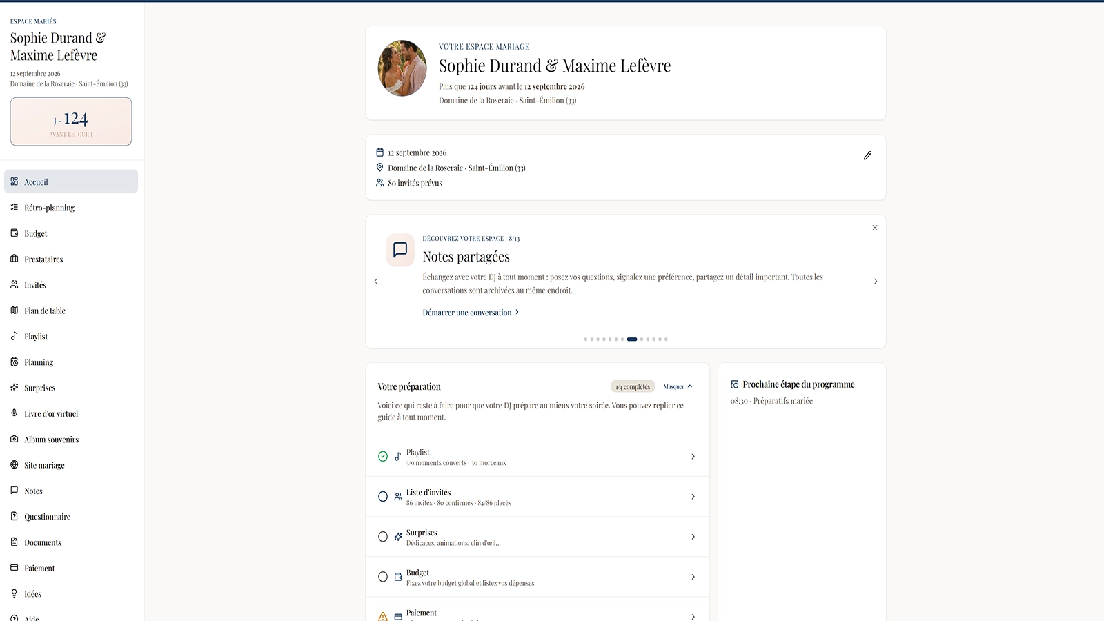 Portail mariés Ls Events avec budget, invités, playlist et planning personnalisés