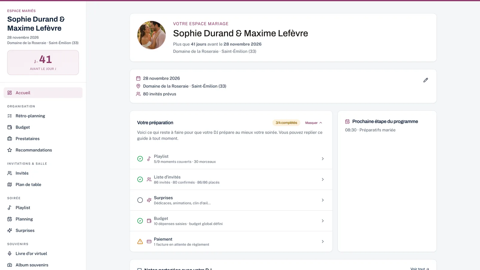 Portail mariés Ls Events avec budget, invités, playlist et plan de table