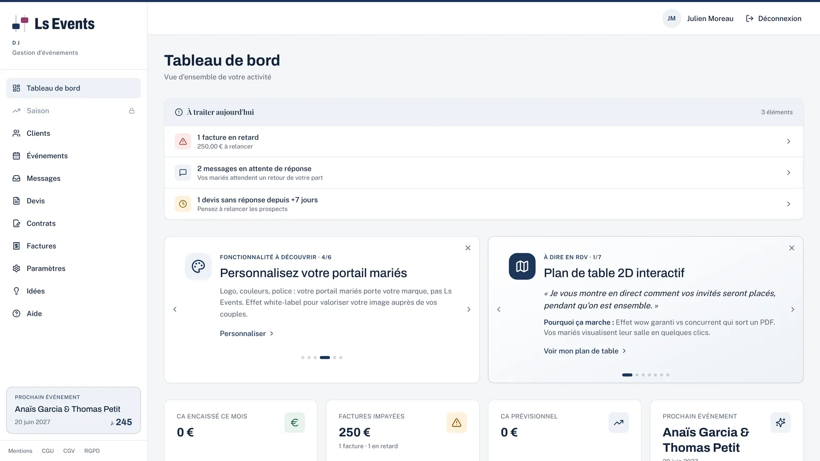 Tableau de bord DJ Ls Events avec liste des mariages, devis et factures